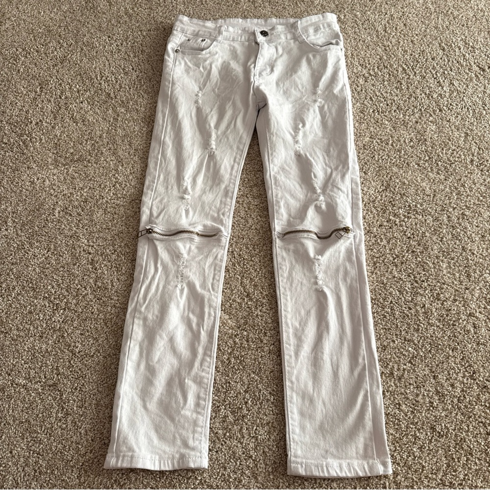 Fredd Marshall Boys Size 12 denim Jeans White Zippered Knees Distressed Hip Hop